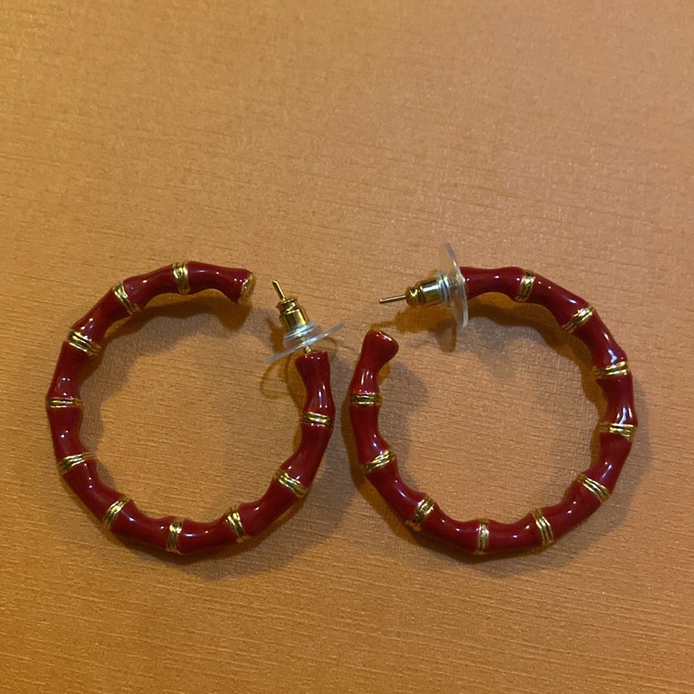 Saint Laurent Bamboo Hoop Earrings In Red 687319 - Picture 2 of 7